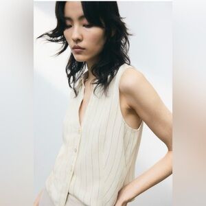 New h&M LINEN-BLEND‎ SLEEVELESS SHIRT button down pinstripe medium